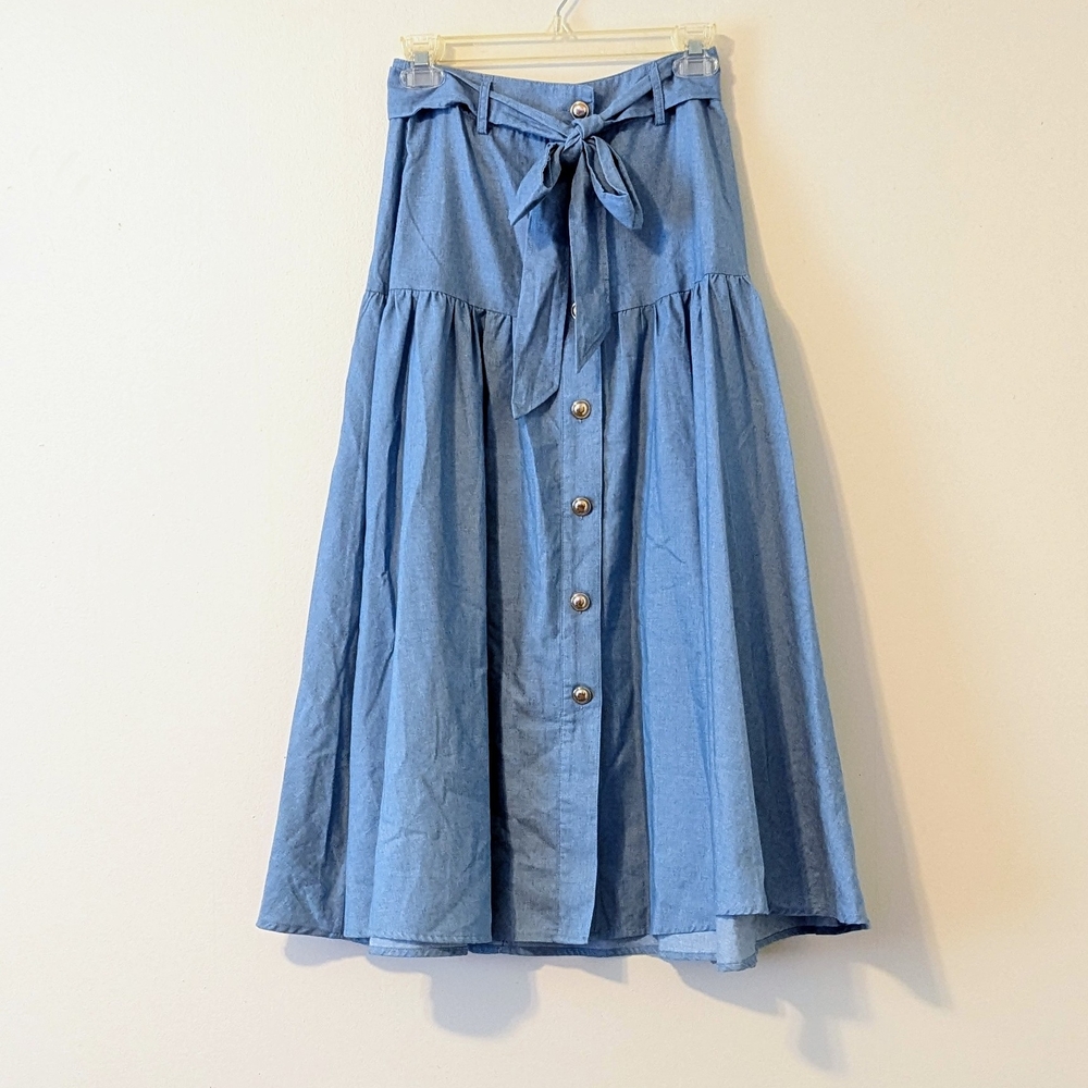 Denim A Line Skirt with Tie Waist